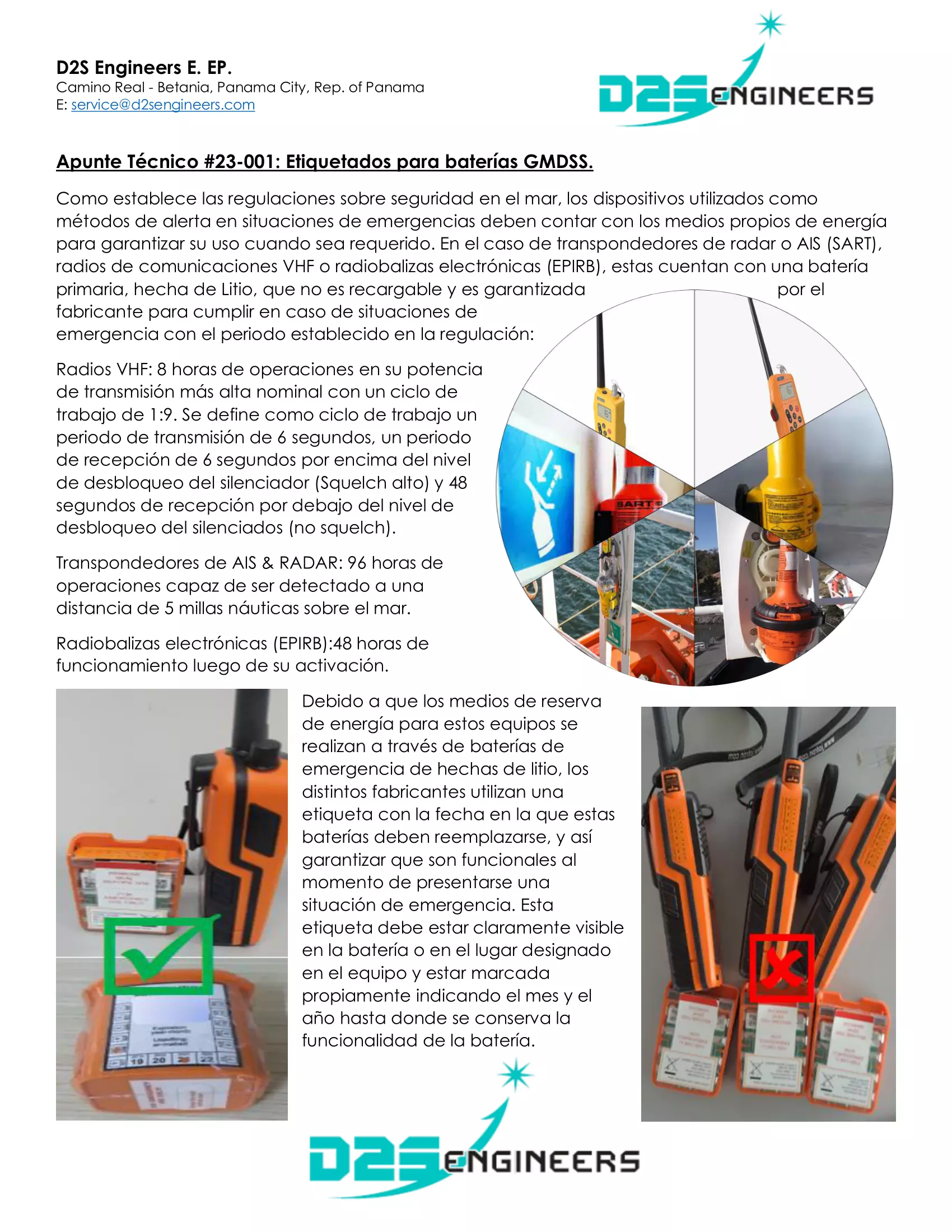 Diagrama técnico de etiqueta de baterías para equipos de comunicación marina